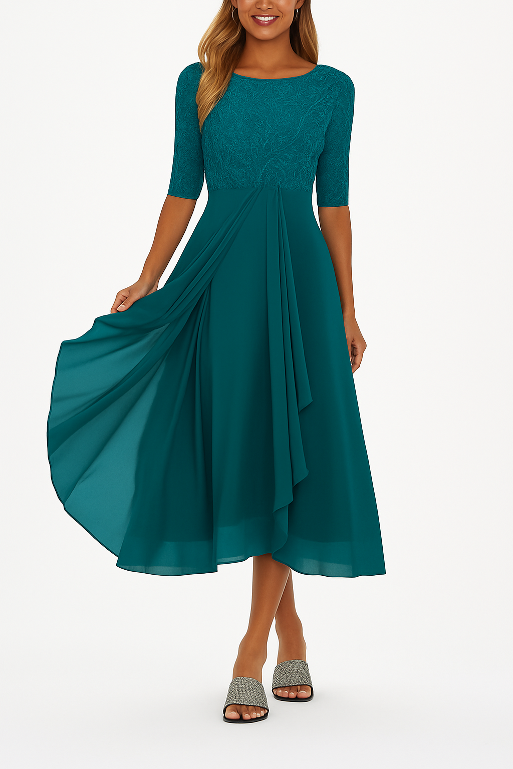 Damen 3/4-Ärmel Hochzeitsgast Kleid | Midi