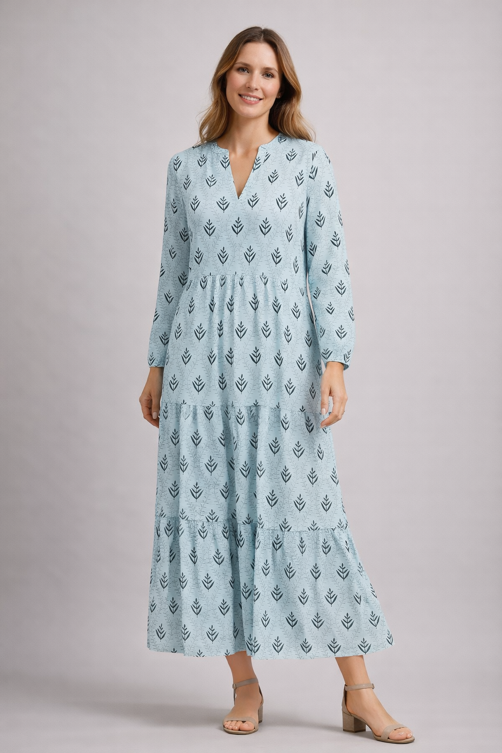 Damen Boho Stufenrock Maxikleid | mit V-Ausschnitt