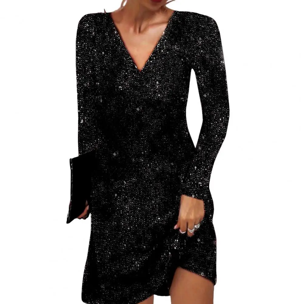 Damen Langärmliger V-Ausschnitt Festliches Kleid | Mini