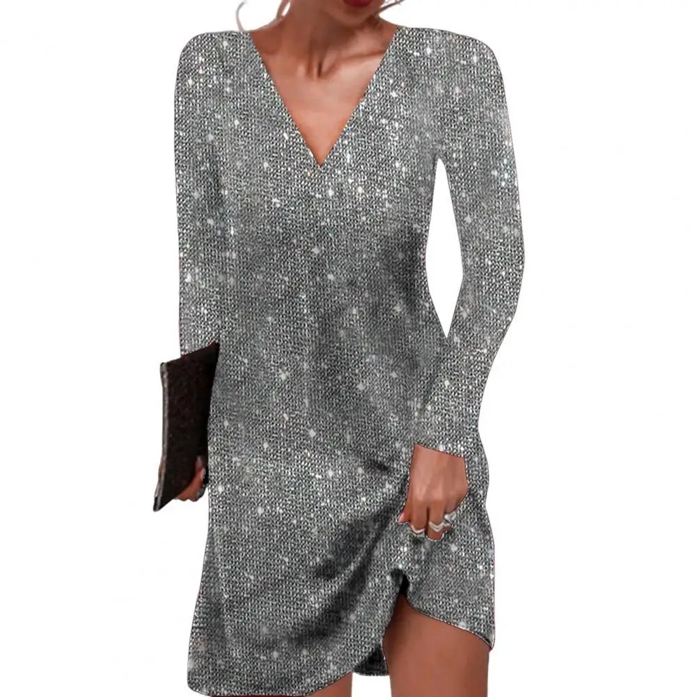 Damen Langärmliger V-Ausschnitt Festliches Kleid | Mini