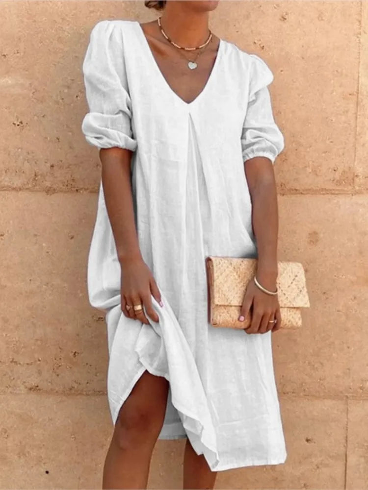 Damen V-Ausschnitt Midi Sommerkleid | mit Puffärmeln