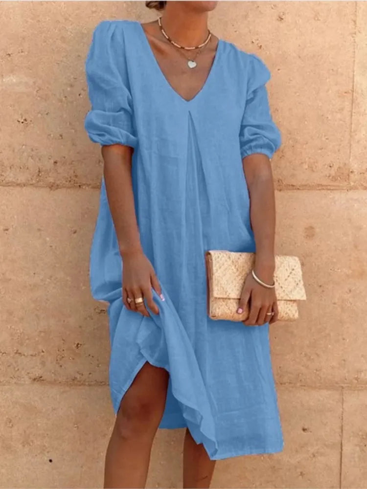 Damen V-Ausschnitt Midi Sommerkleid | mit Puffärmeln