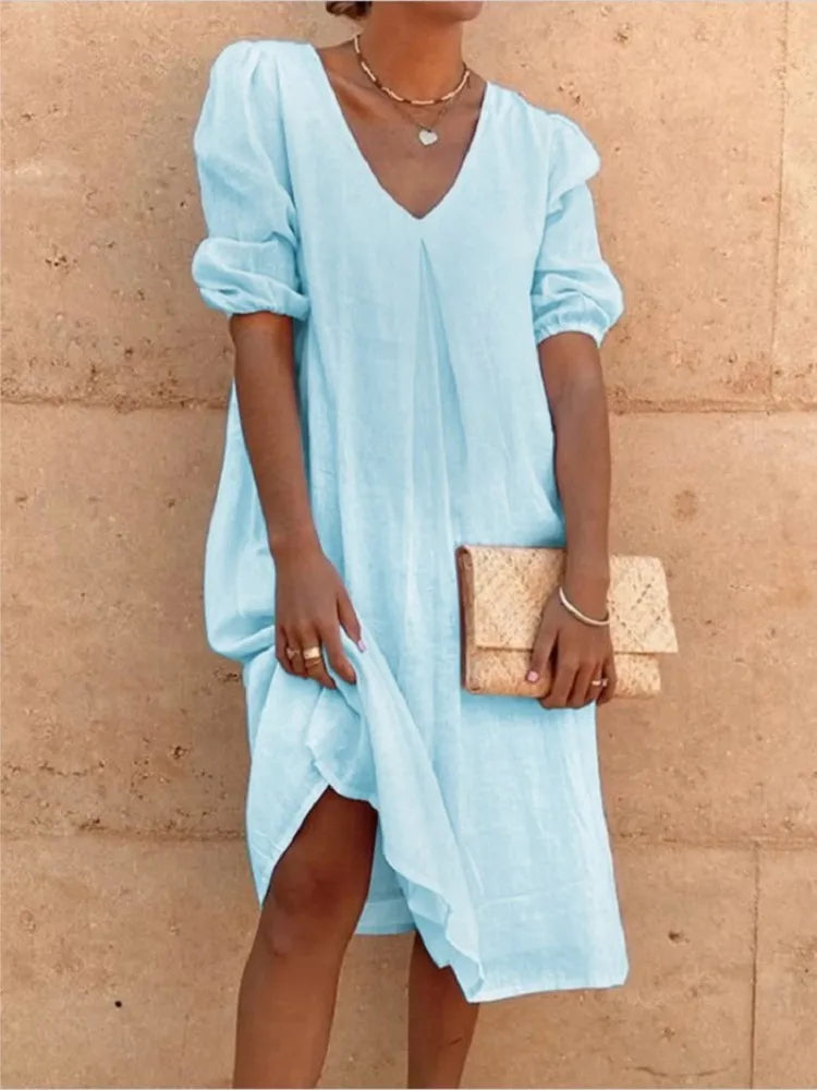 Damen V-Ausschnitt Midi Sommerkleid | mit Puffärmeln