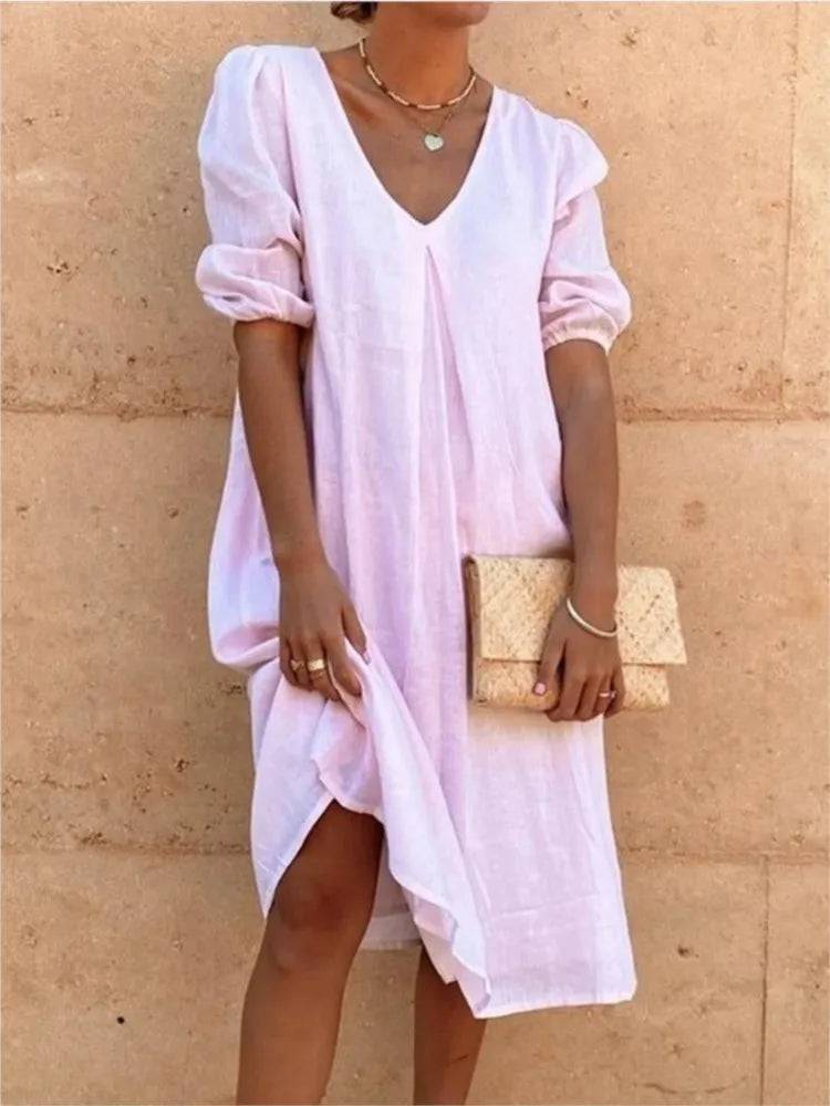 Damen V-Ausschnitt Midi Sommerkleid | mit Puffärmeln