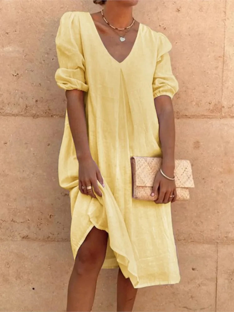 Damen V-Ausschnitt Midi Sommerkleid | mit Puffärmeln