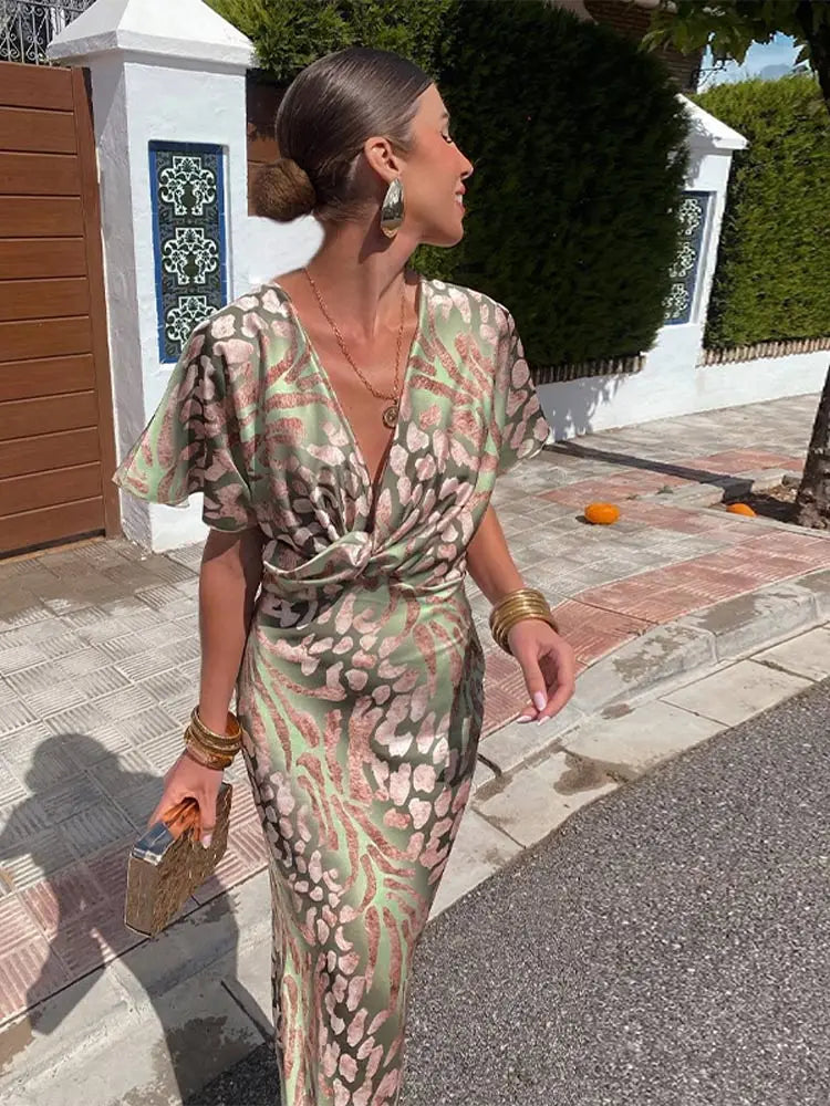 Damen V-Ausschnitt Hochzeitsgast Kleid | Maxi