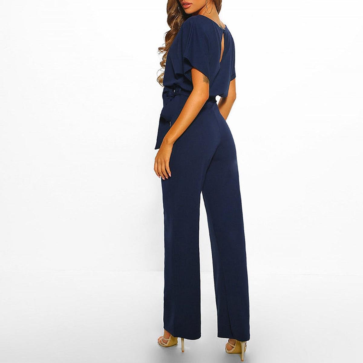 Damen Jumpsuit mit Taille Binden Gürtel | Weitem Bein