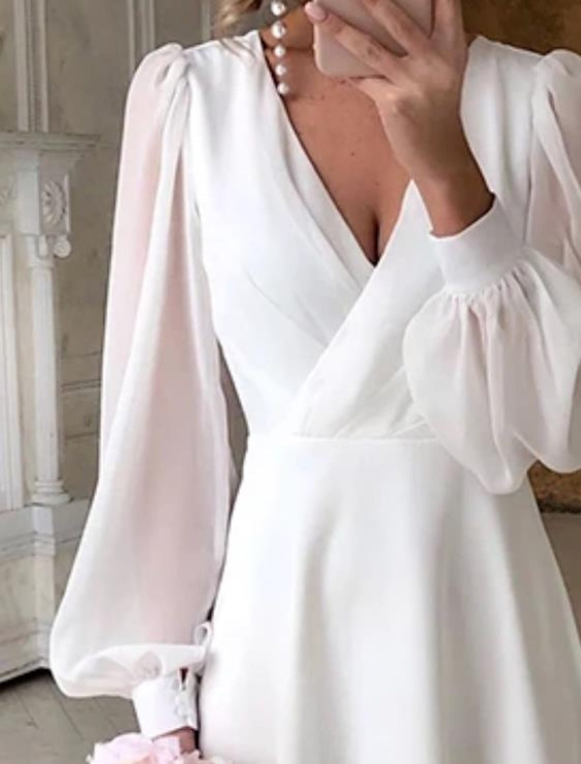 Damen Langärmeliges Weißes Kleid | Midi