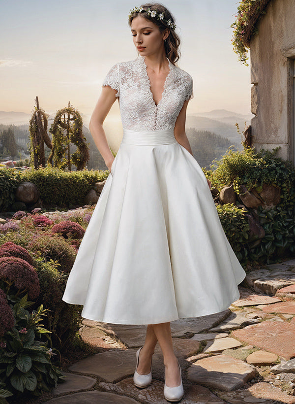Damen V-Ausschnitt Weiß Hochzeitskleid | Midi