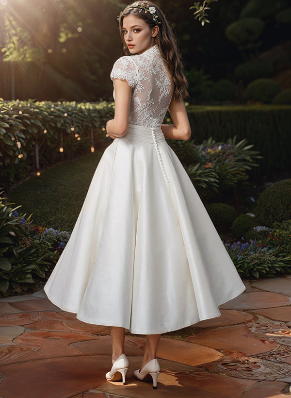 Damen V-Ausschnitt Weiß Hochzeitskleid | Midi