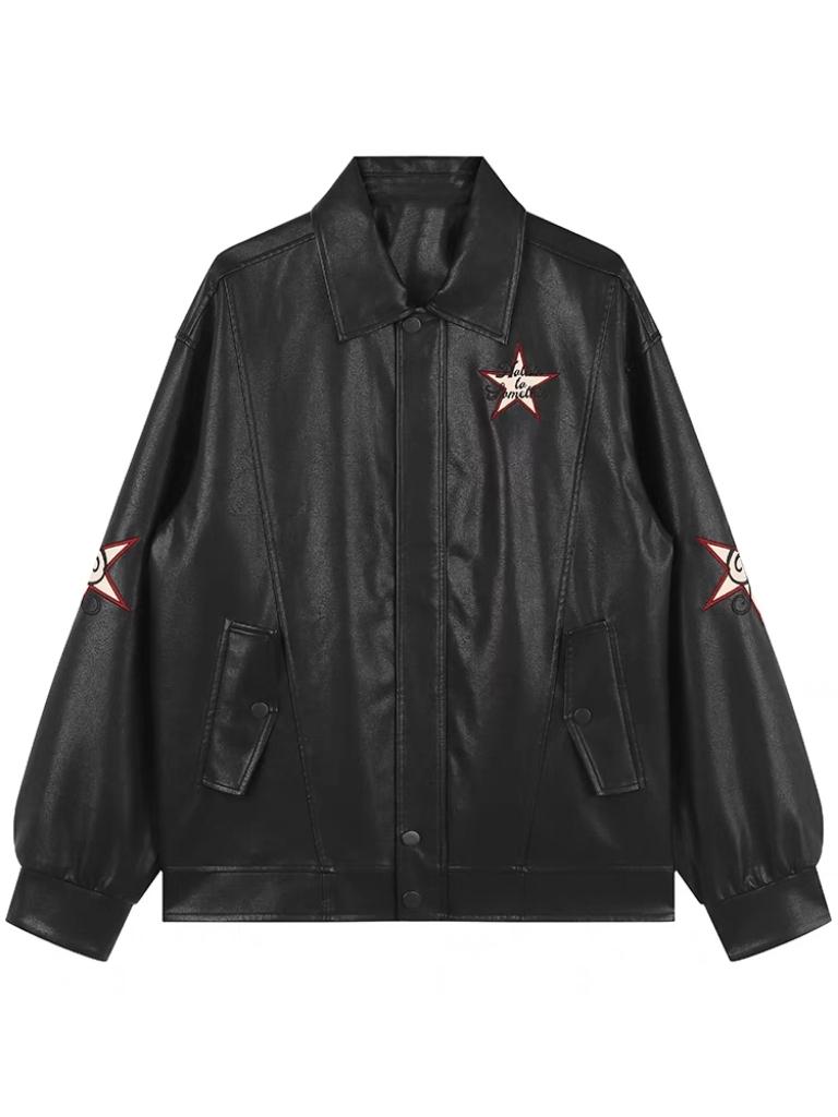 Schwarze Lederjacke mit Reverskragen und Stickerei