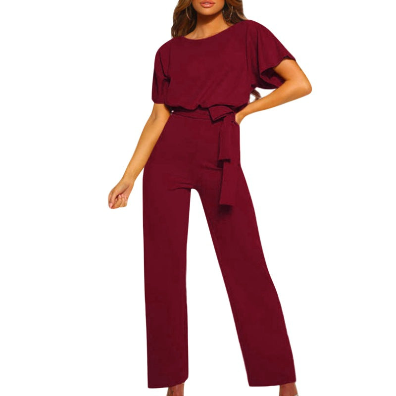 Damen Rundhalsausschnitt Weites Bein Jumpsuit | mit Bindegürtel