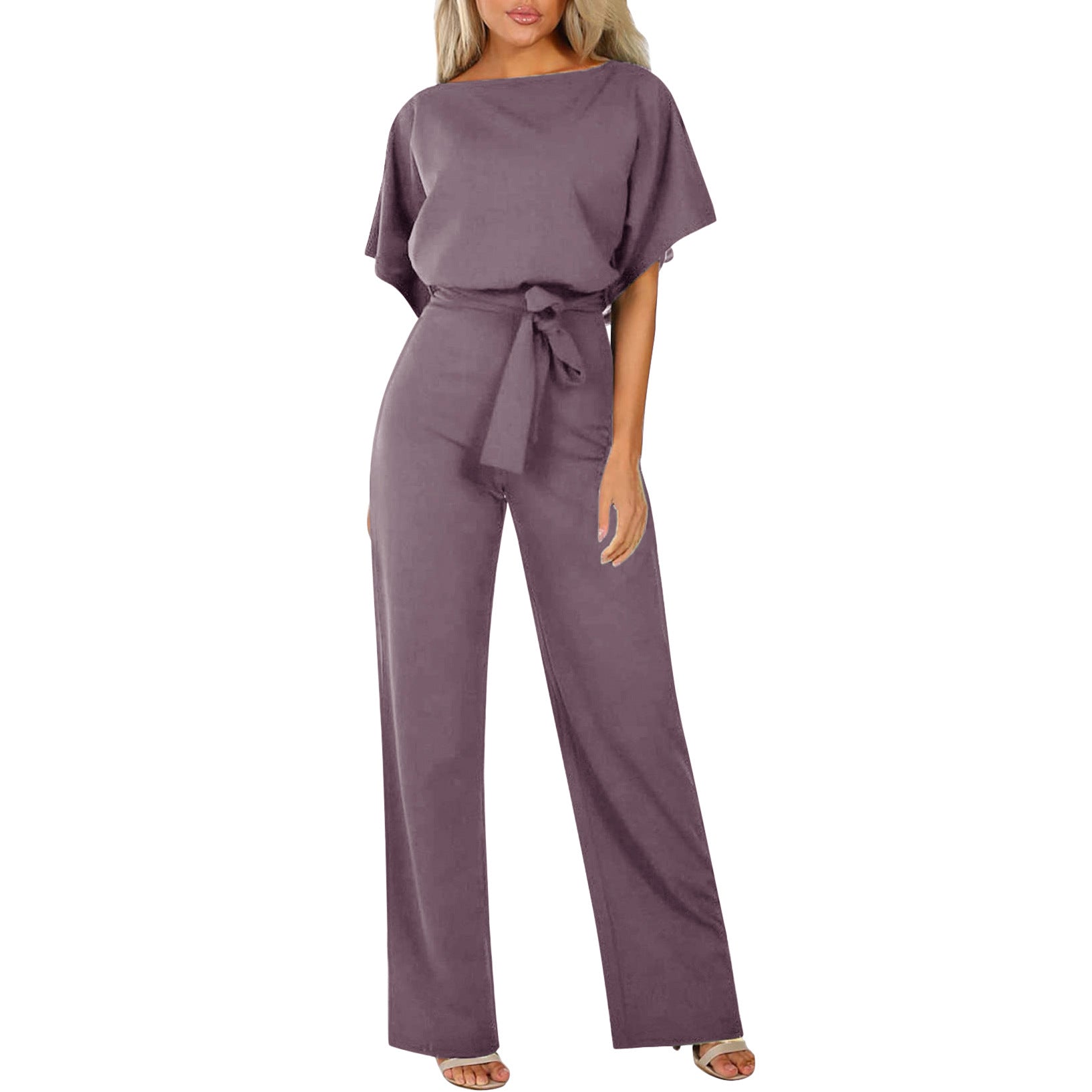 Damen Rundhalsausschnitt Weites Bein Jumpsuit | mit Bindegürtel