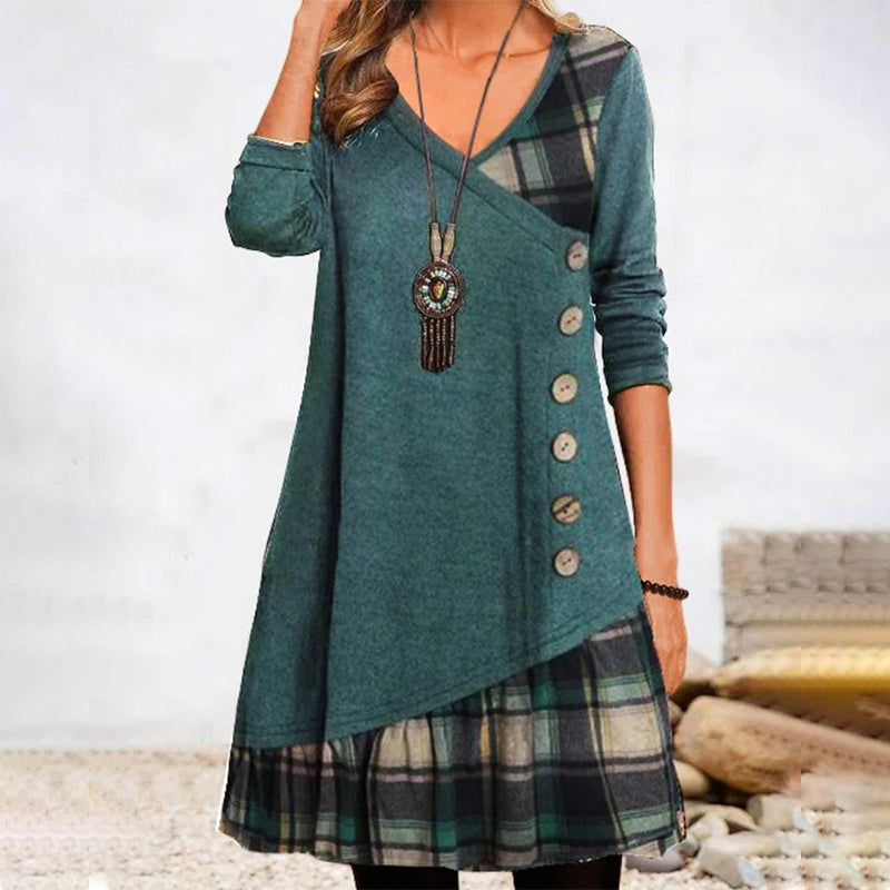 Damen Karo Lange Ärmeln Knöpfen Kleid | Midi
