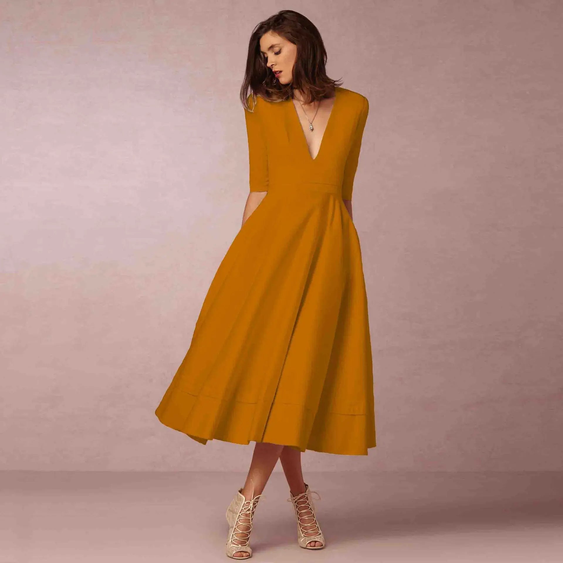 Damen V-Ausschnitt Hochzeitsgast Kleid | Midi