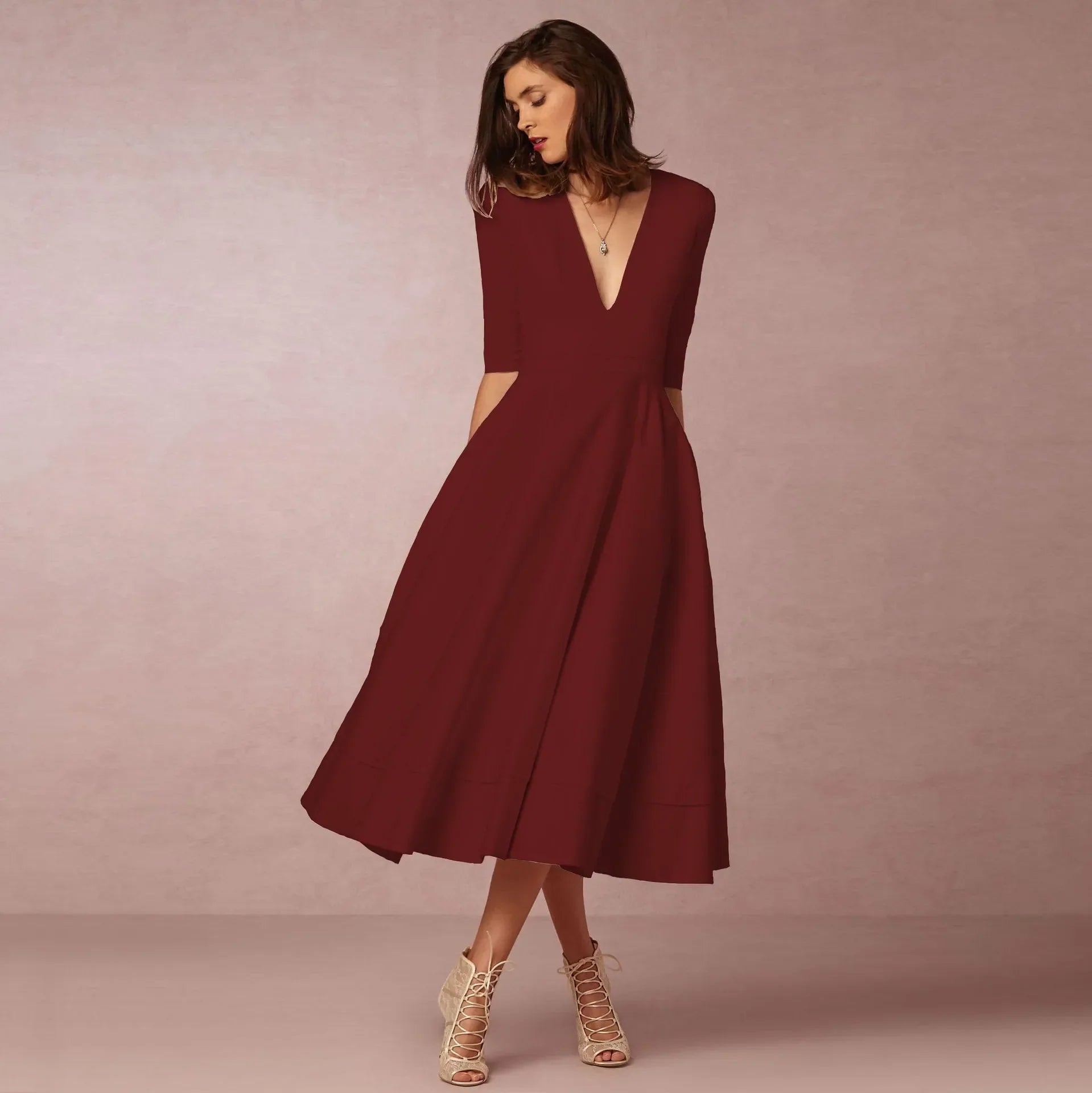 Damen V-Ausschnitt Hochzeitsgast Kleid | Midi