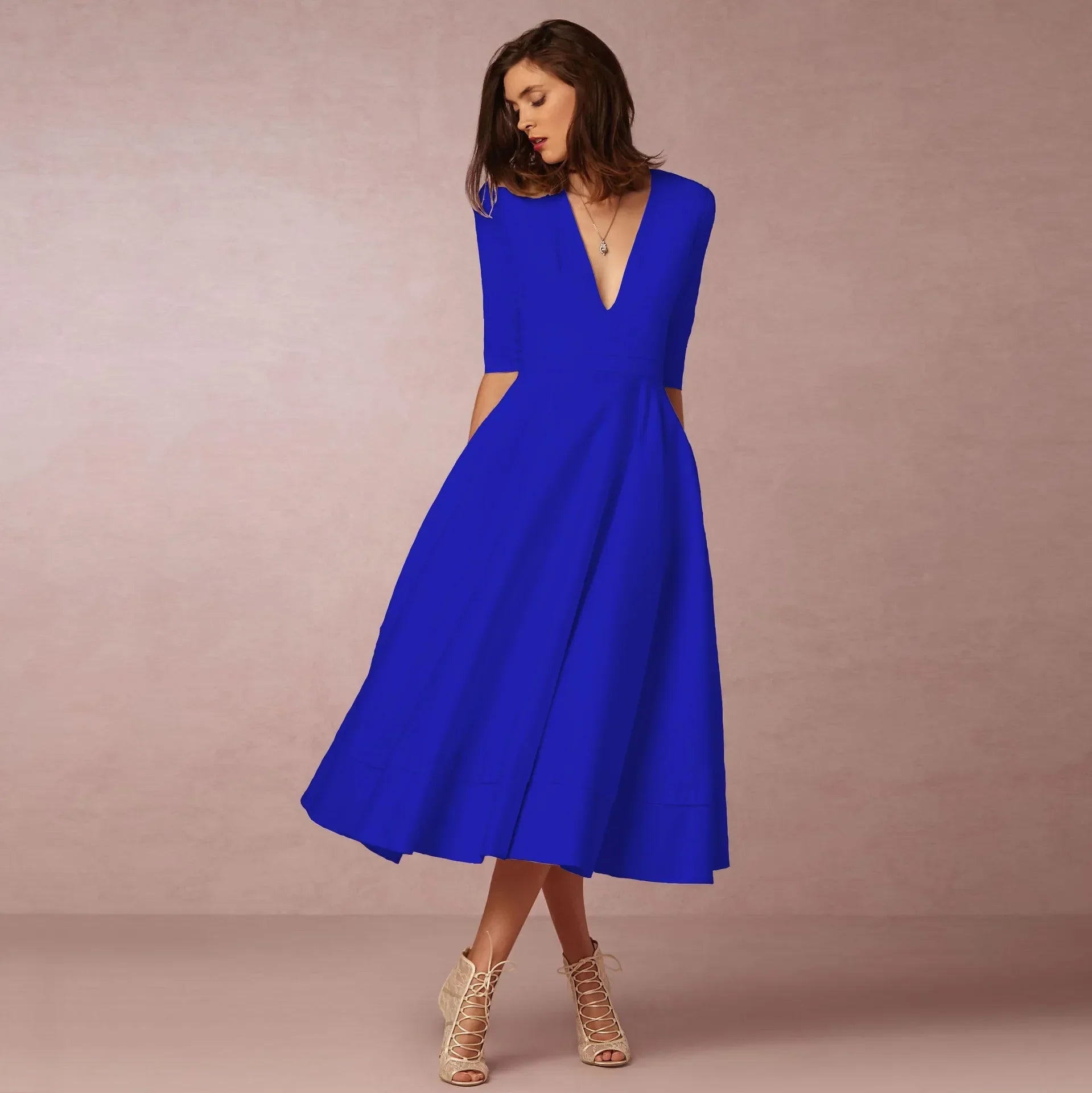 Damen V-Ausschnitt Hochzeitsgast Kleid | Midi