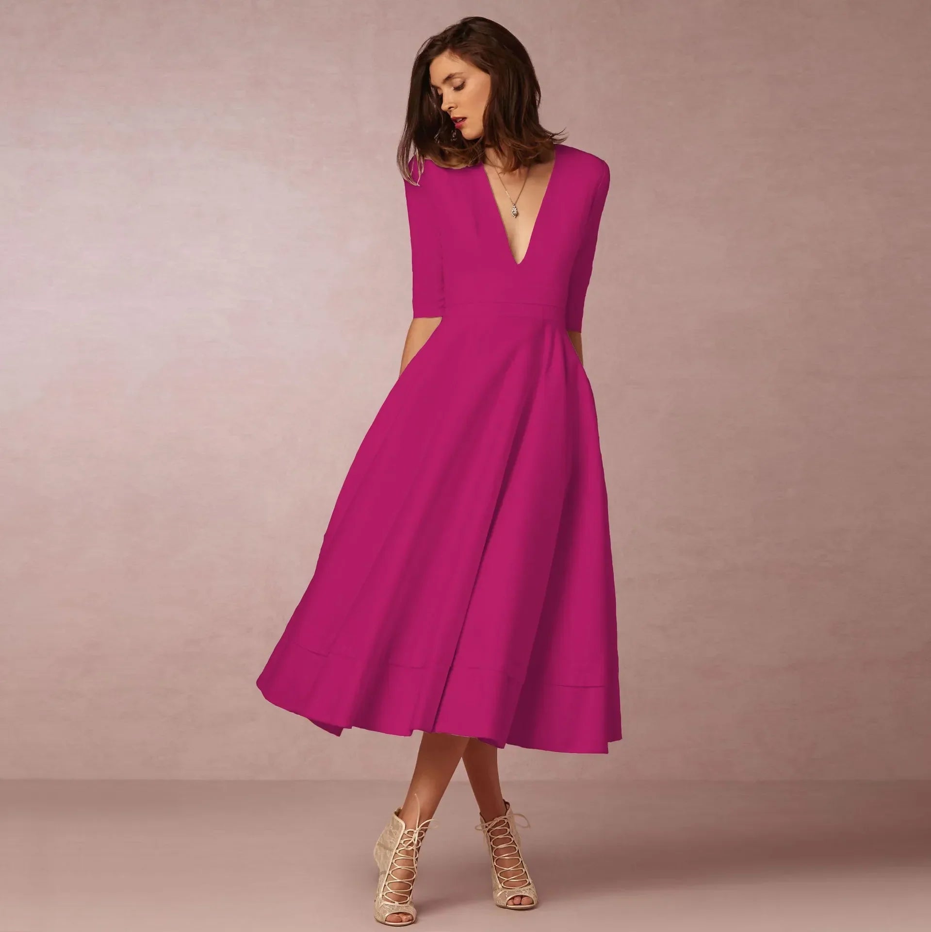 Damen V-Ausschnitt Hochzeitsgast Kleid | Midi