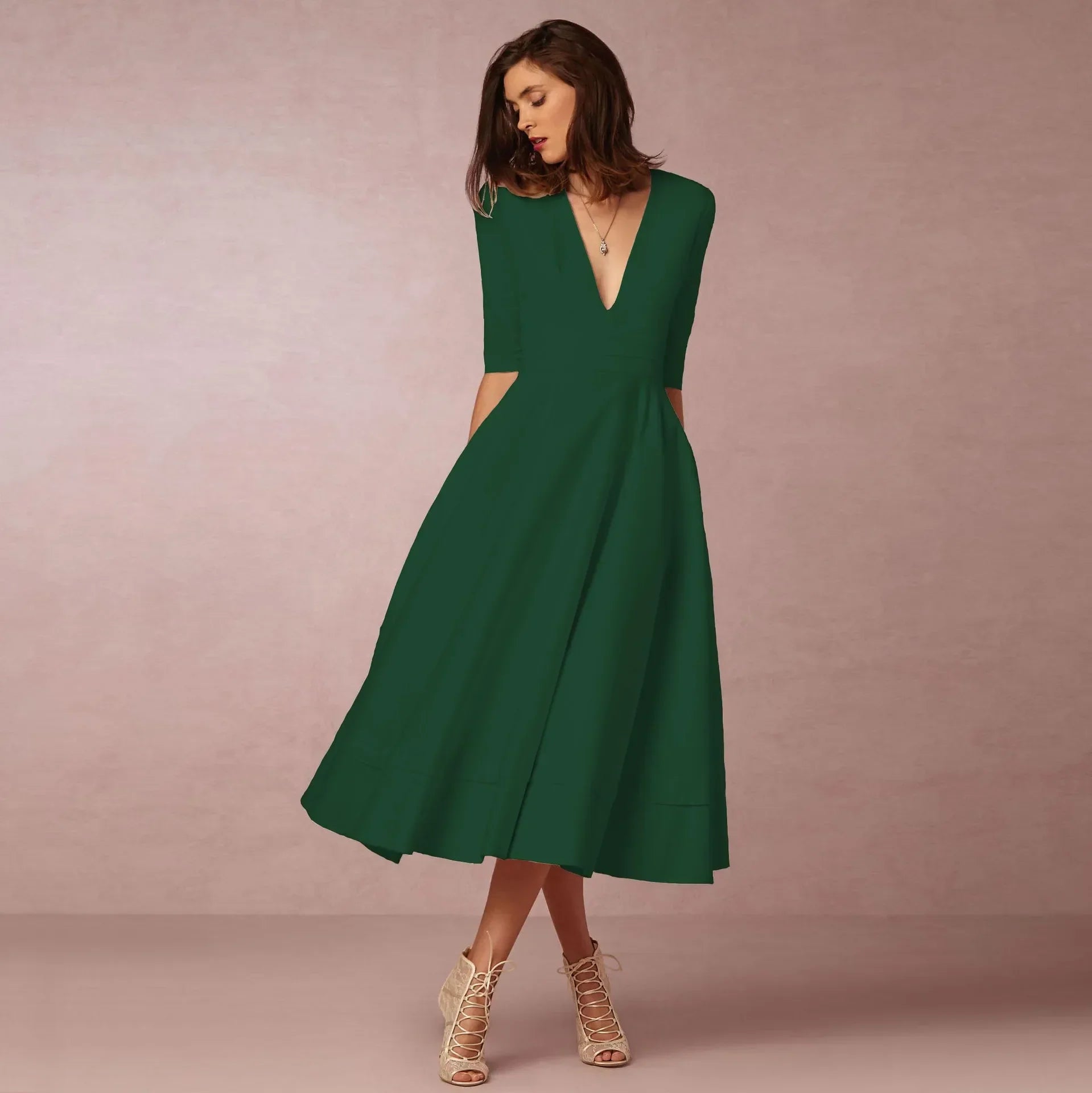 Damen V-Ausschnitt Hochzeitsgast Kleid | Midi