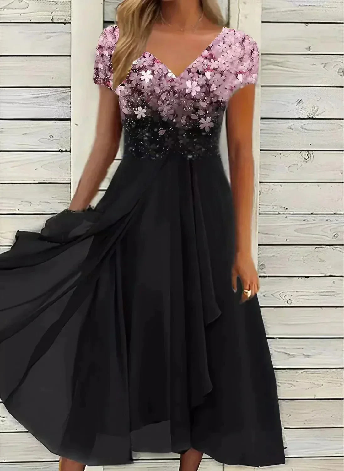 Damen Blumenmuster Midikleid | Kurze Ärmel