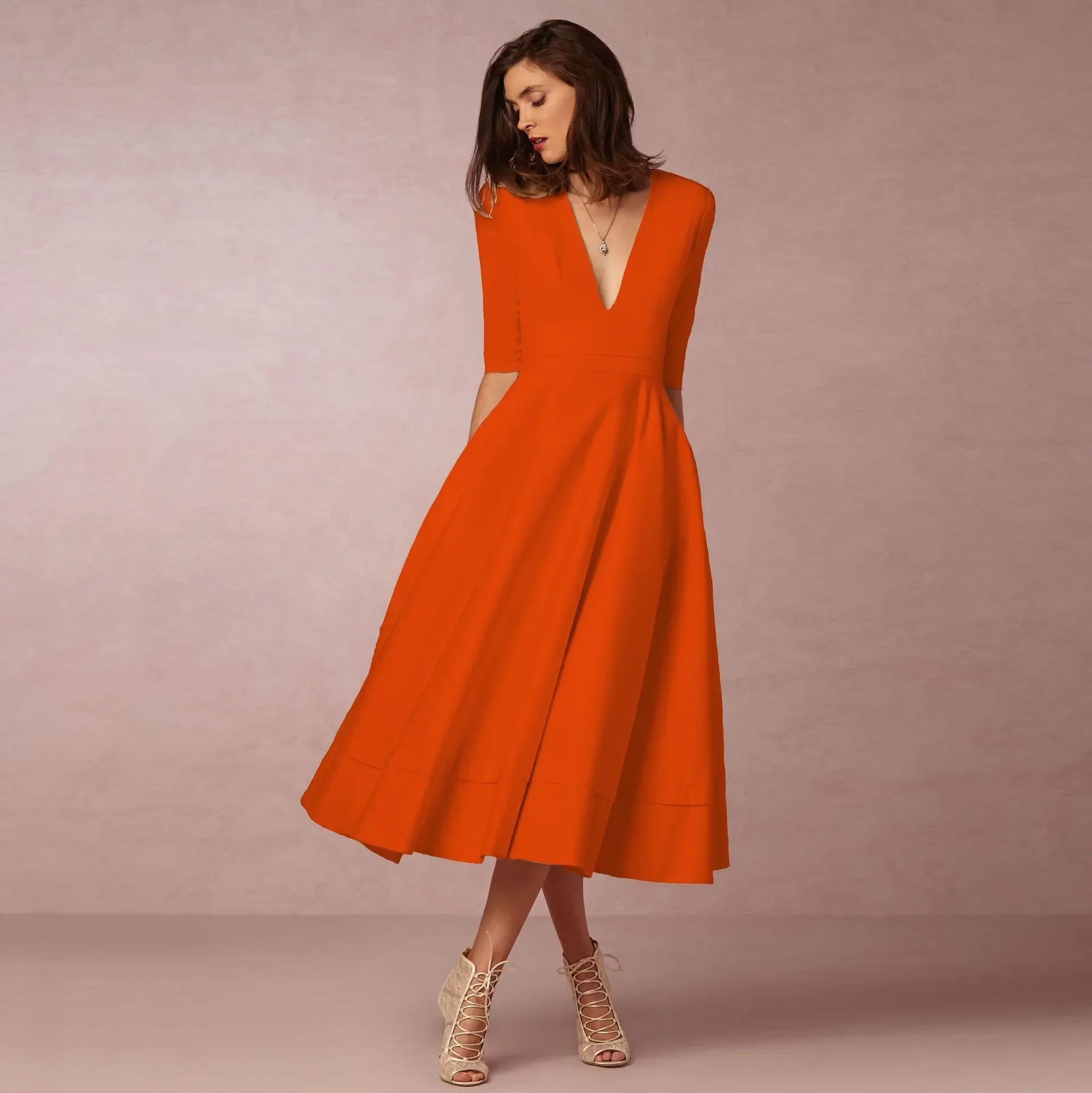 Damen V-Ausschnitt Hochzeitsgast Kleid | Midi