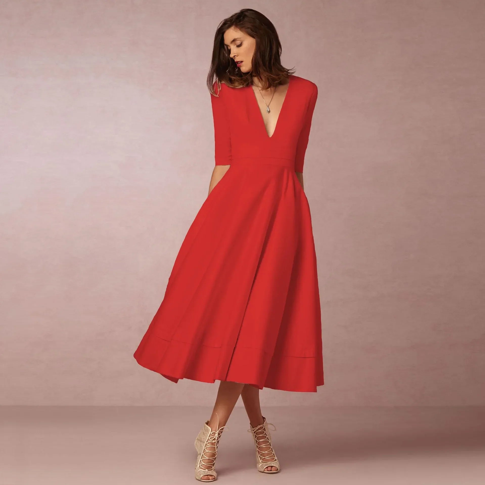 Damen V-Ausschnitt Hochzeitsgast Kleid | Midi