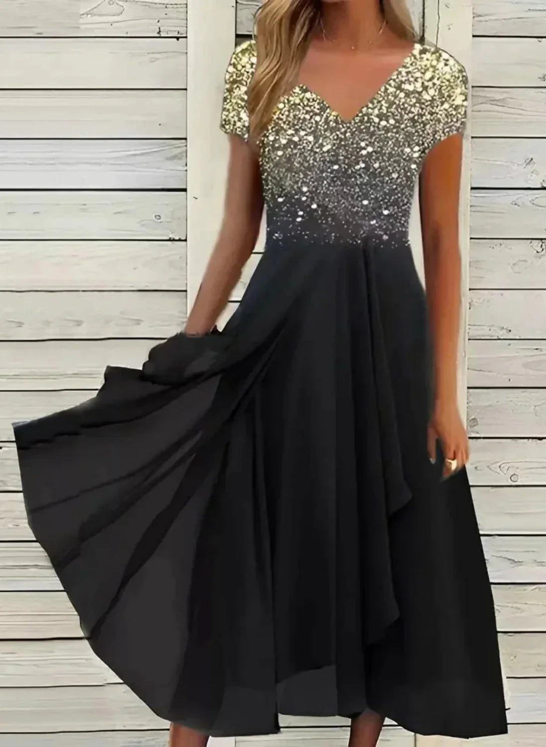 Damen V-Ausschnitt Abendkleid | Kurzarm
