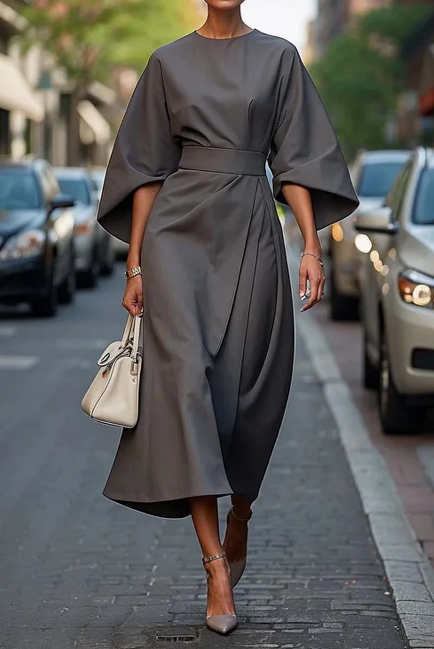 Damen Laternenärmeln Formelle Midikleid | Mit Gürtel