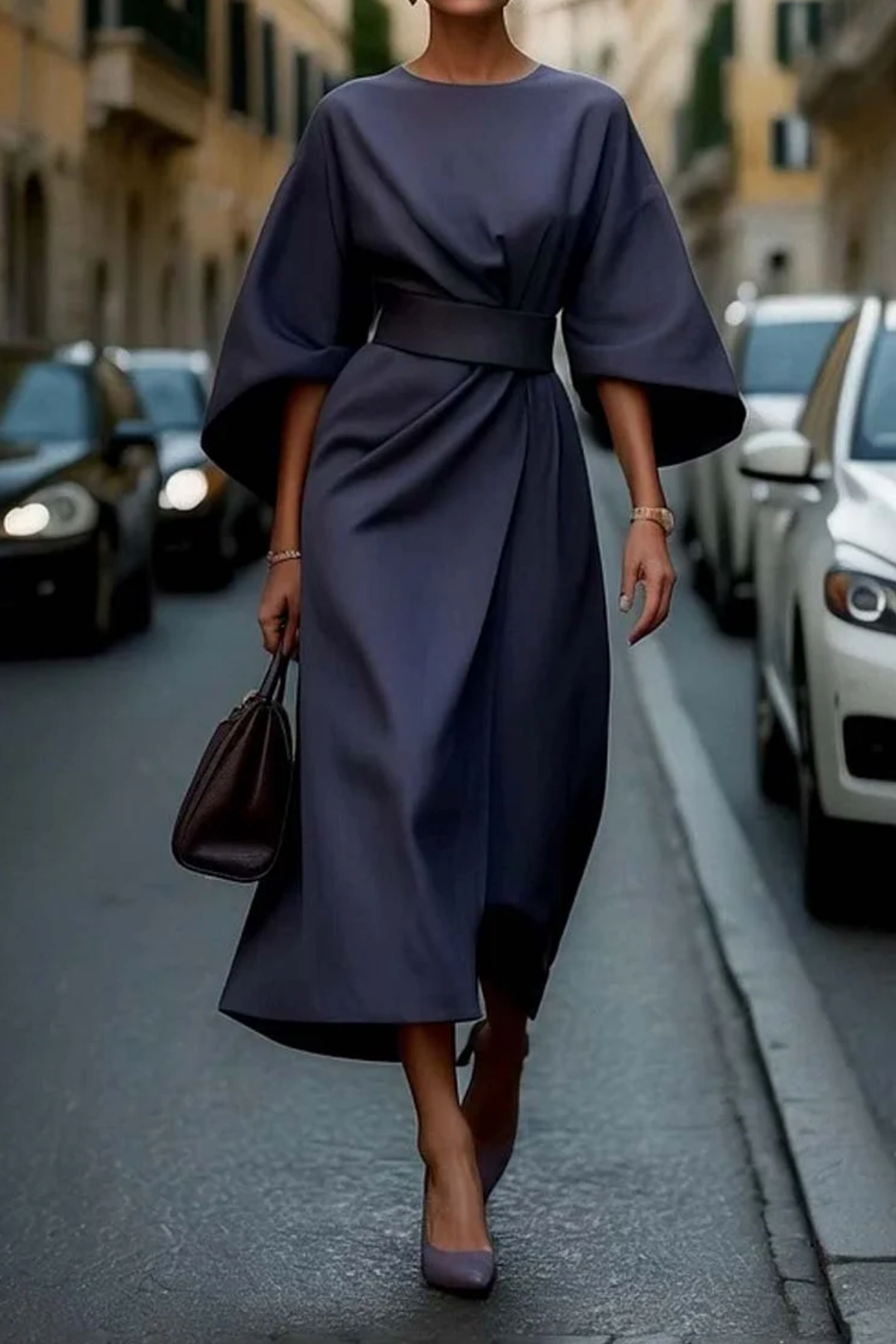 Damen Laternenärmeln Formelle Midikleid | Mit Gürtel