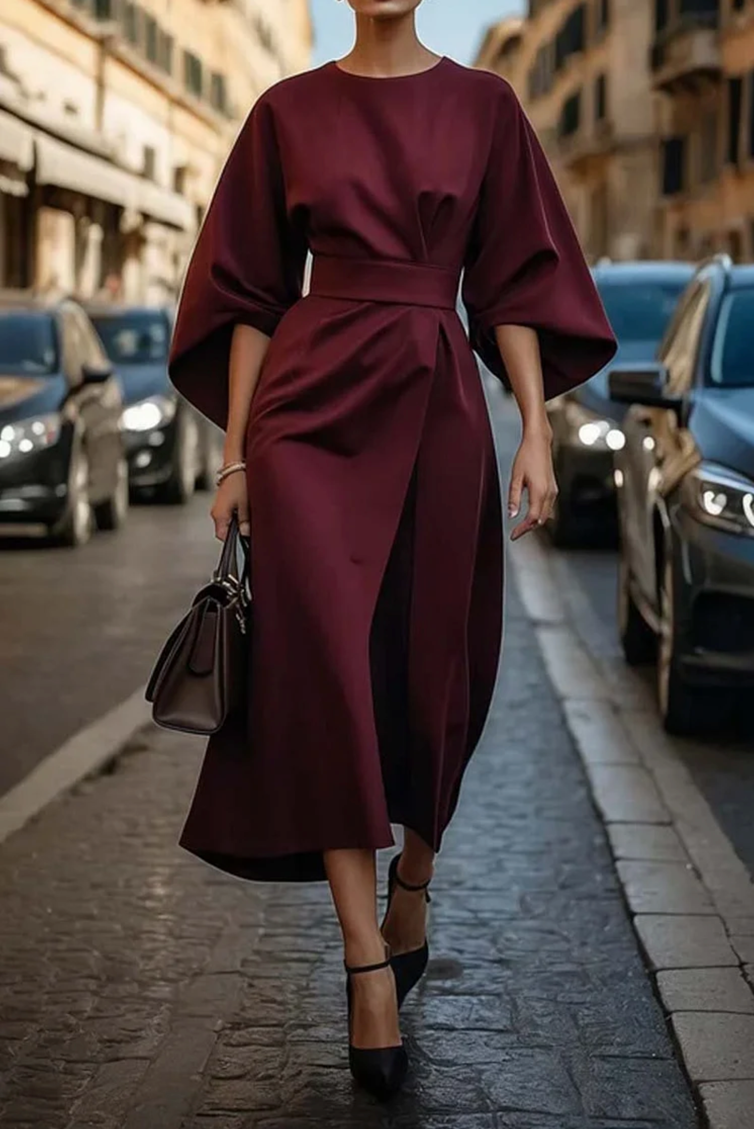 Damen Laternenärmeln Formelle Midikleid | Mit Gürtel