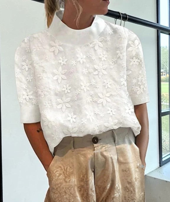 Damen Blumenmuster Kurzarm-Top | mit Stehkragen