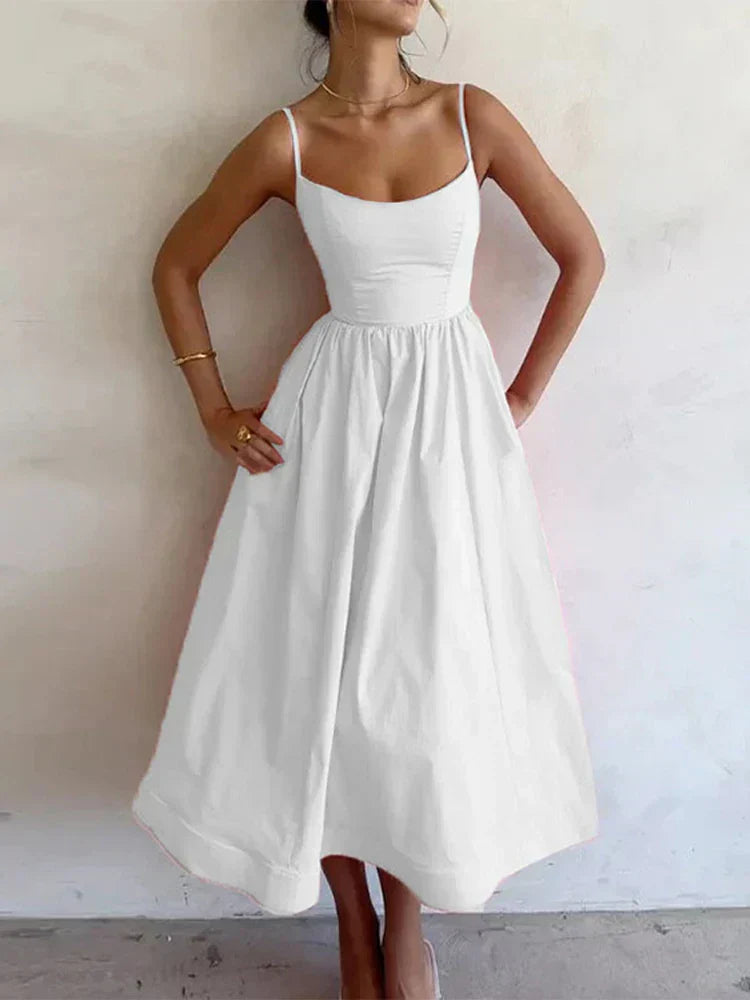 Damen A-Linien Spaghettiträger Kleid | Midi