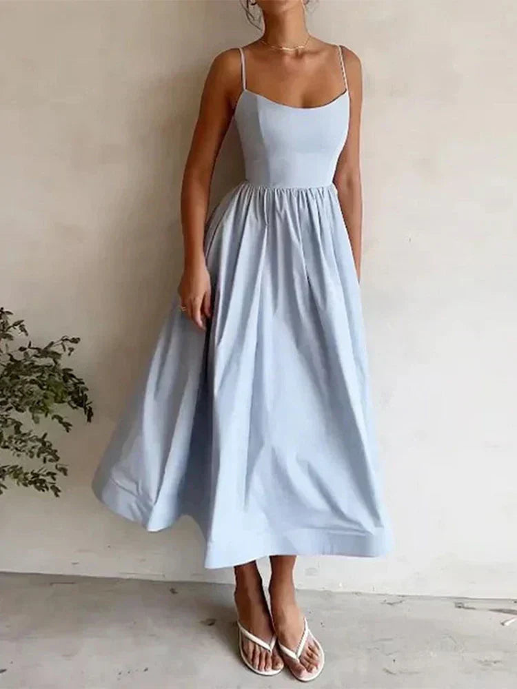 Damen A-Linien Spaghettiträger Kleid | Midi