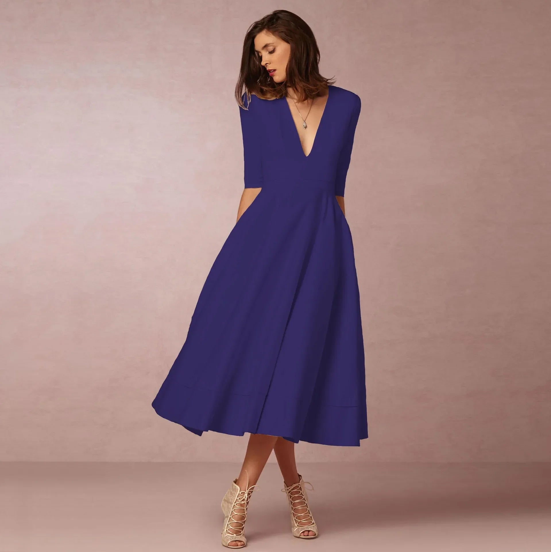 Damen V-Ausschnitt Hochzeitsgast Kleid | Midi