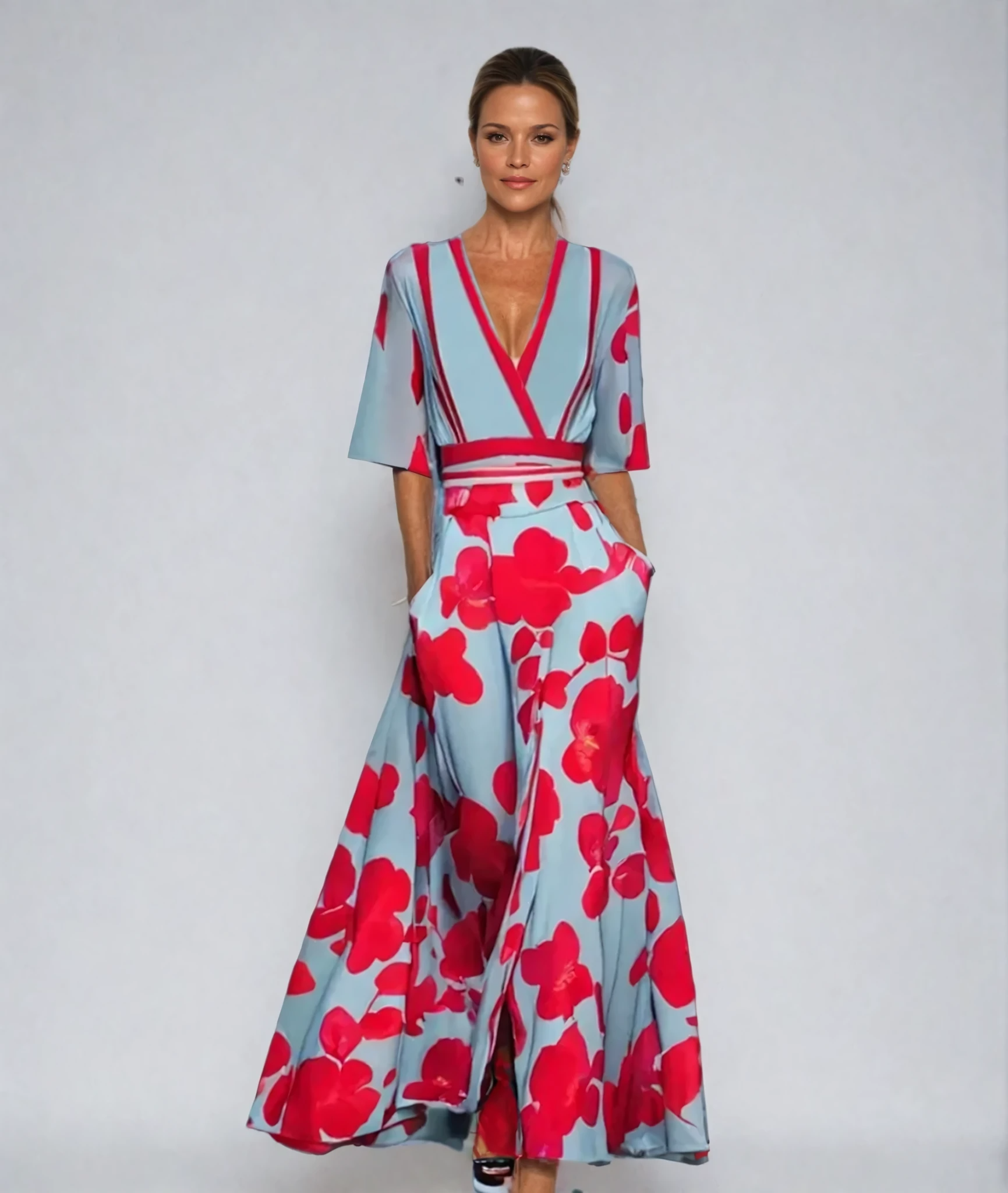 Damen Blumenmuster Wickel-Maxikleid | V-Ausschnitt