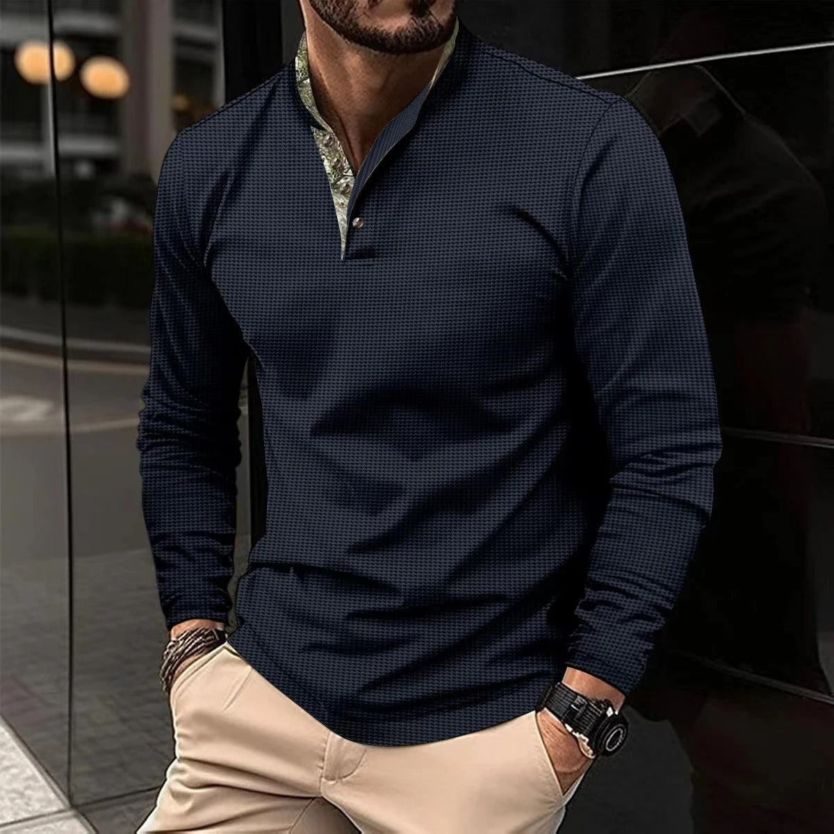 Herren Lässiges Stehkragen Henley-Polo-Shirt | Schmale Passform