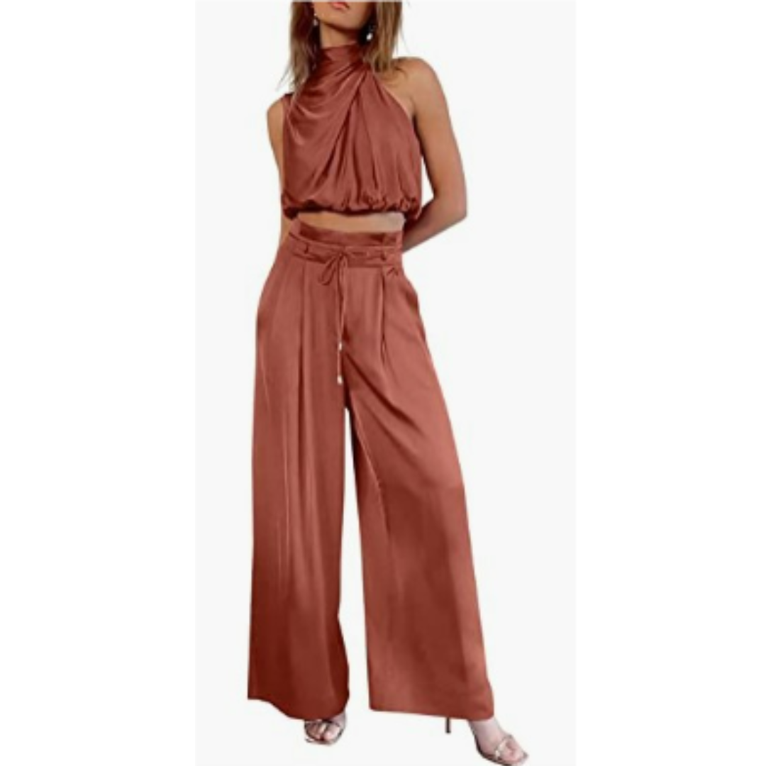 Damen Neckholder-Crop-Top und Weit Bein Hose | Zweiteiliges Set