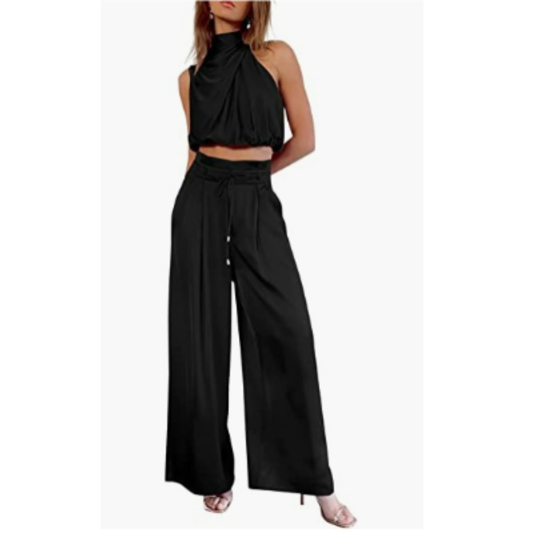 Damen Neckholder-Crop-Top und Weit Bein Hose | Zweiteiliges Set