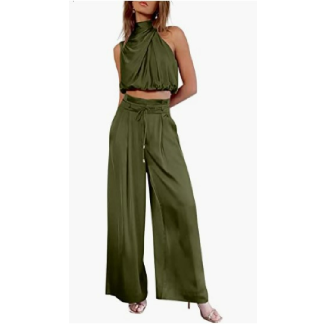 Damen Neckholder-Crop-Top und Weit Bein Hose | Zweiteiliges Set