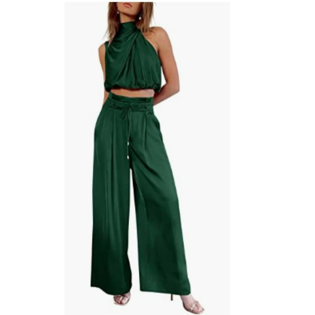 Damen Neckholder-Crop-Top und Weit Bein Hose | Zweiteiliges Set
