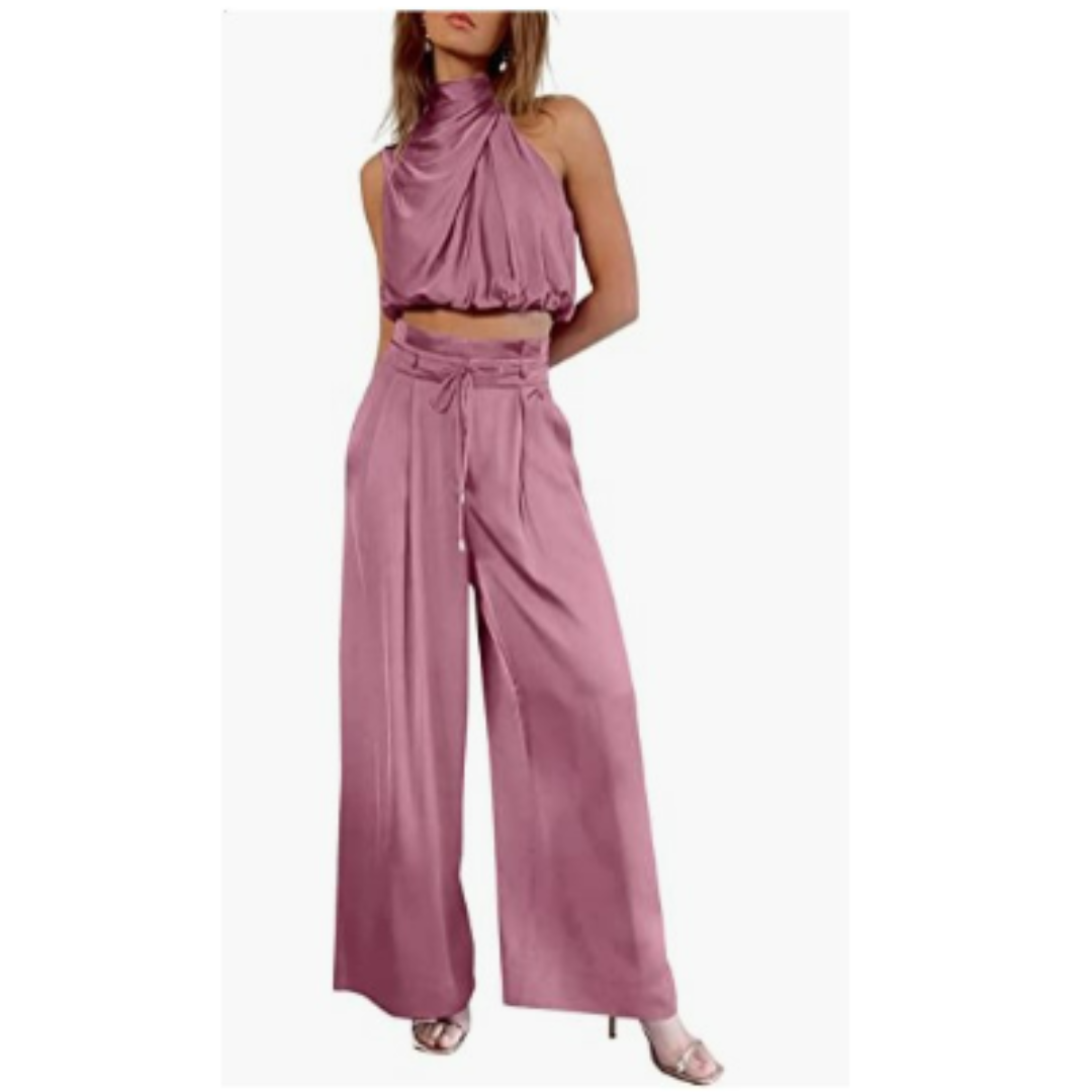 Damen Neckholder-Crop-Top und Weit Bein Hose | Zweiteiliges Set