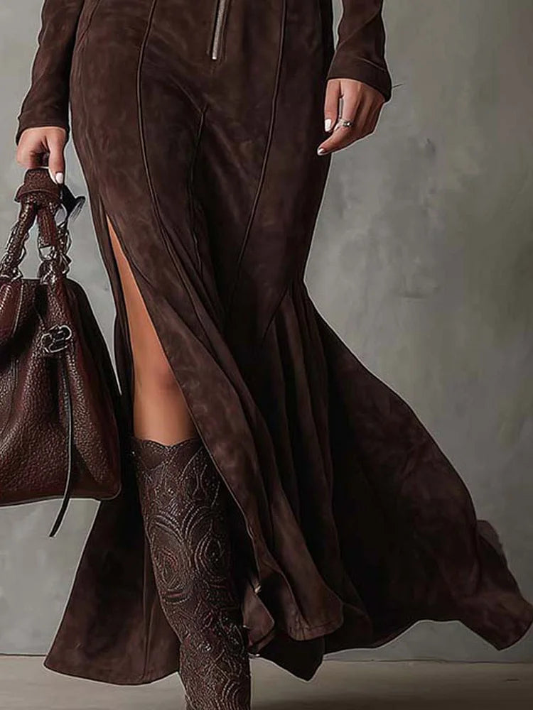Damen Maxikleid mit Langen Ärmeln Reißverschluss Vorne | Seitenschlitz