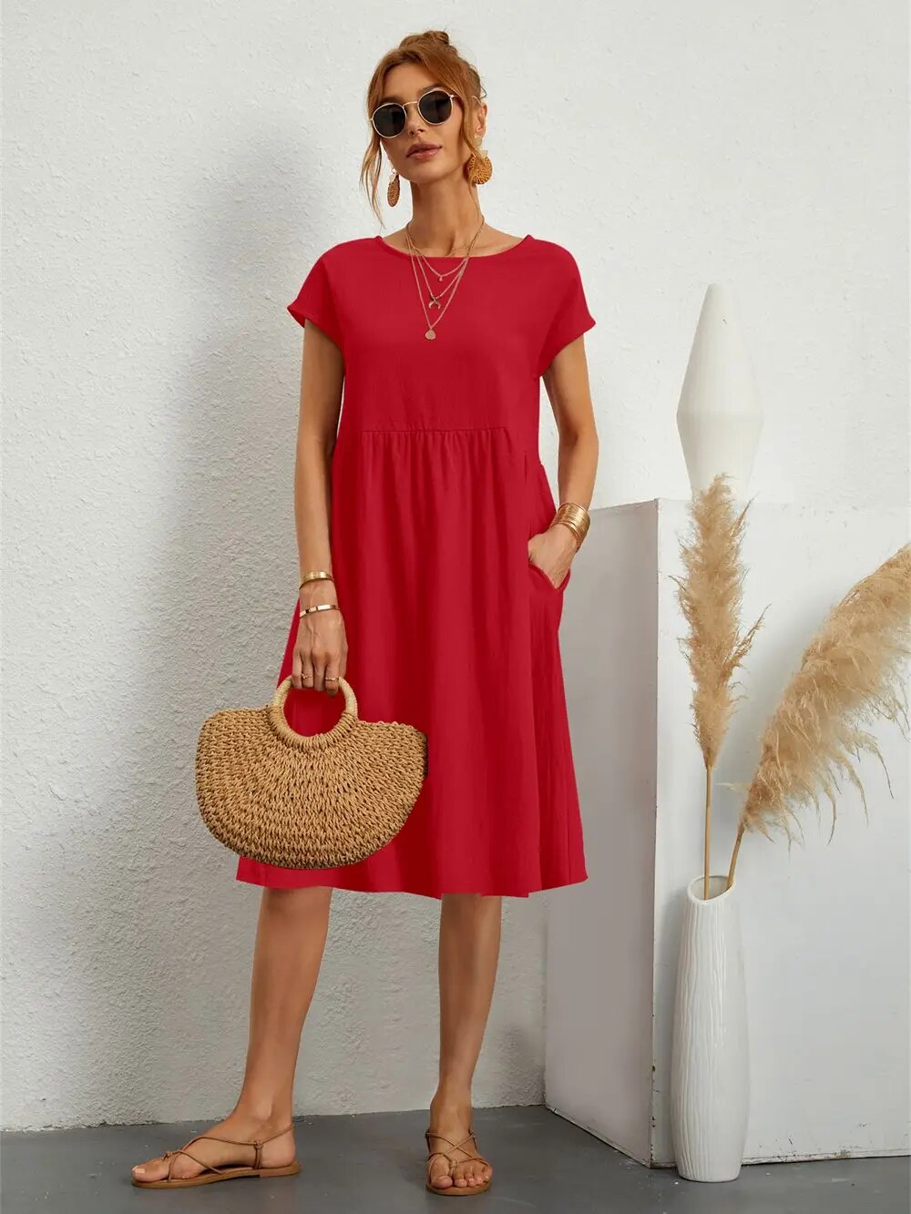 Damen Lässig Kurzarm Midikleid | mit Taschen