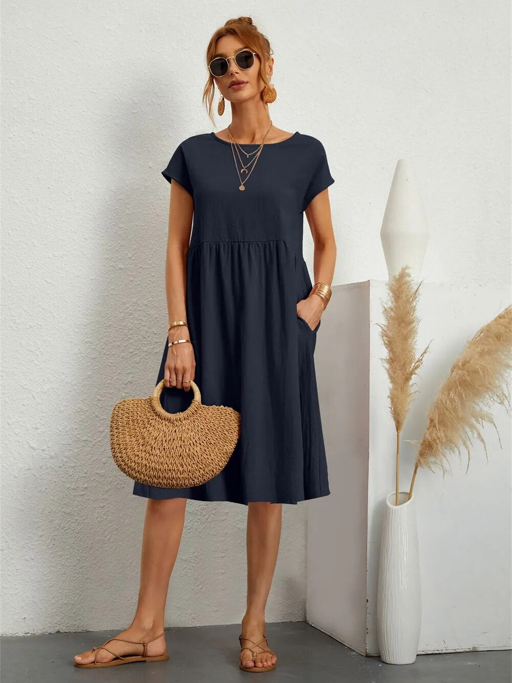 Damen Lässig Kurzarm Midikleid | mit Taschen