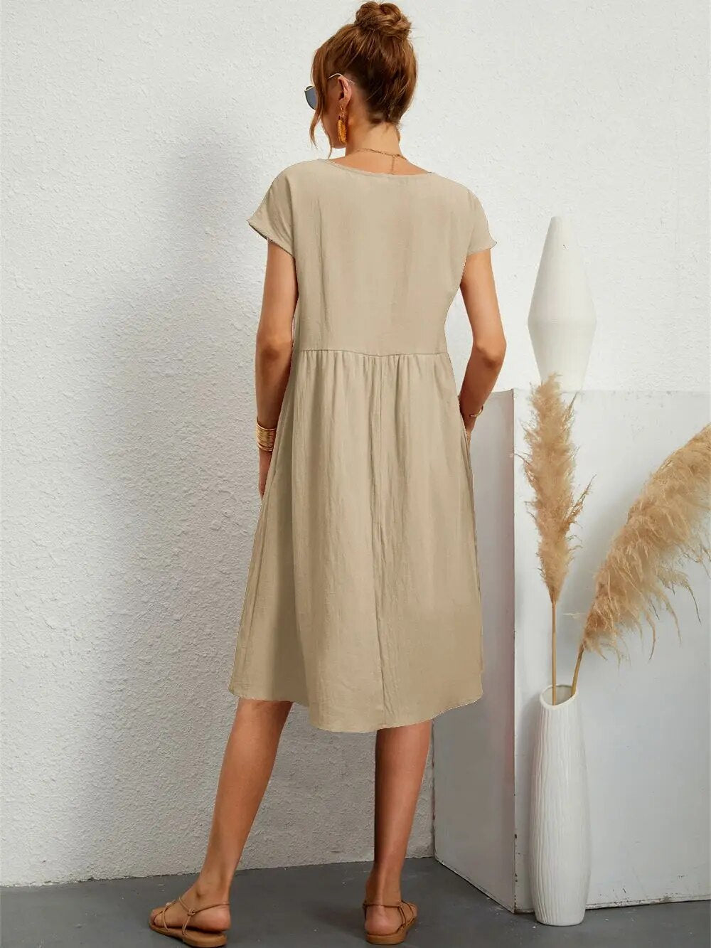Damen Lässig Kurzarm Midikleid | mit Taschen