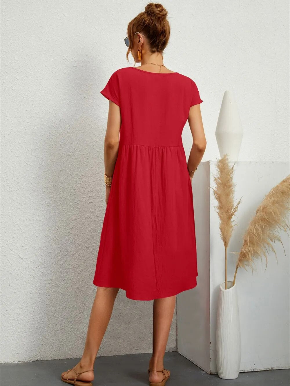 Damen Lässig Kurzarm Midikleid | mit Taschen