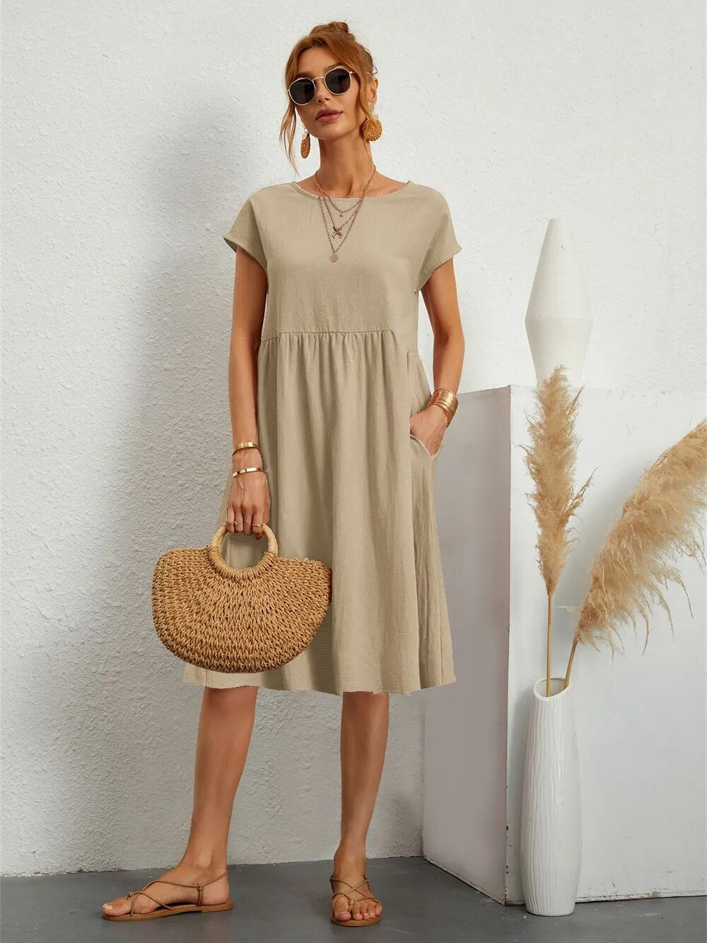 Damen Lässig Kurzarm Midikleid | mit Taschen