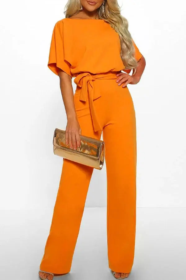 Damen Kurzen Ärmeln Weitem Bein Jumpsuit | mit Taillengürtel
