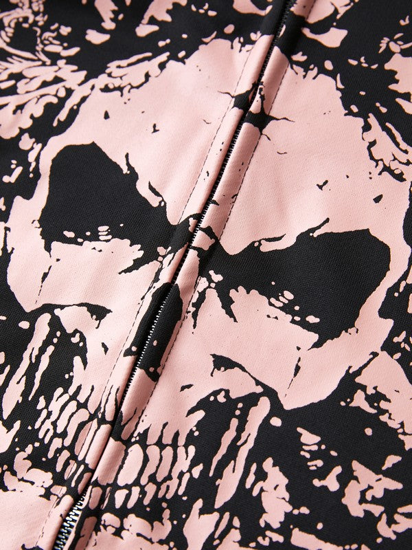 Schwarze Vintage Totenkopf Print Zip Up Oversized Hoodie