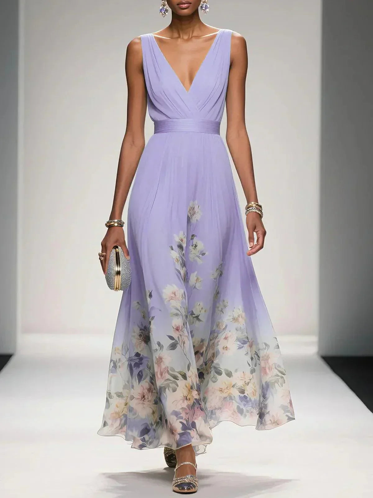 Damen Blumen Ärmellos V-Ausschnitt Hochzeitsgast Kleid | Maxi